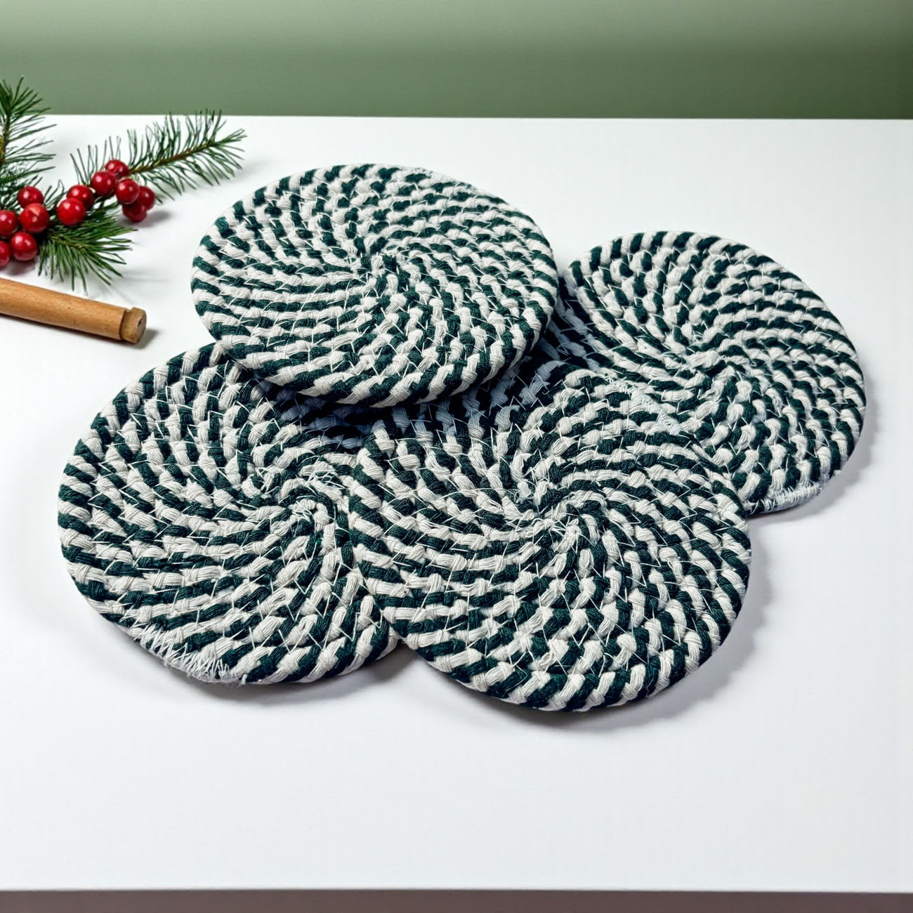 stocking stuffer coasters candy cane pattern red and white
green and white Christmas coasters braided rope set
holiday drink coasters green and white candy cane stripe
