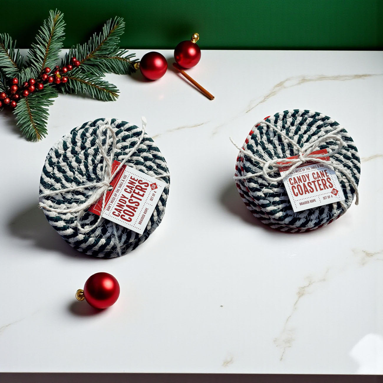 Christmas candy cane coasters set of 4 holiday home decor gift
Holiday braided rope coasters red white green candy cane striped
Candy cane striped coasters Christmas gift set holiday home accessories