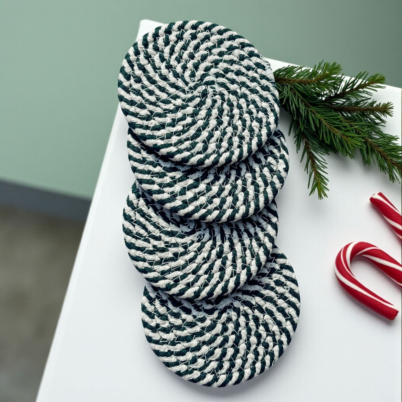 Christmas drink coaster set variety red and green spiral design
braided rope coasters Christmas 4 pack red and green handmade