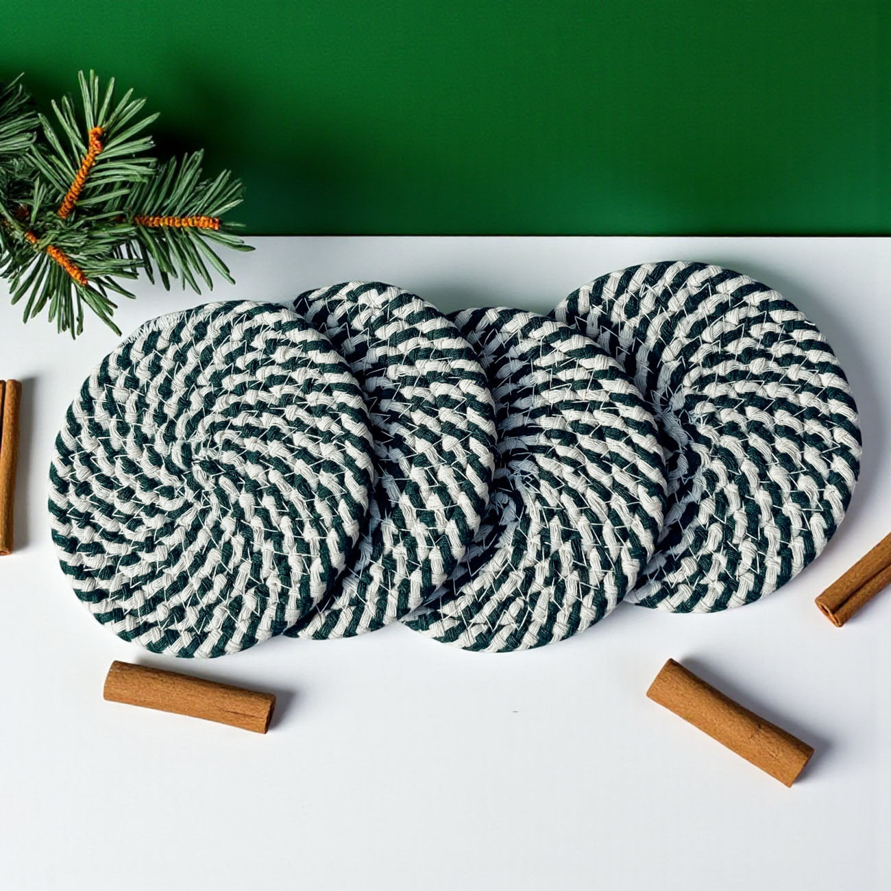 Classic holiday coasters candy cane striped Christmas accessories
Vintage style candy cane coasters Christmas holiday braided