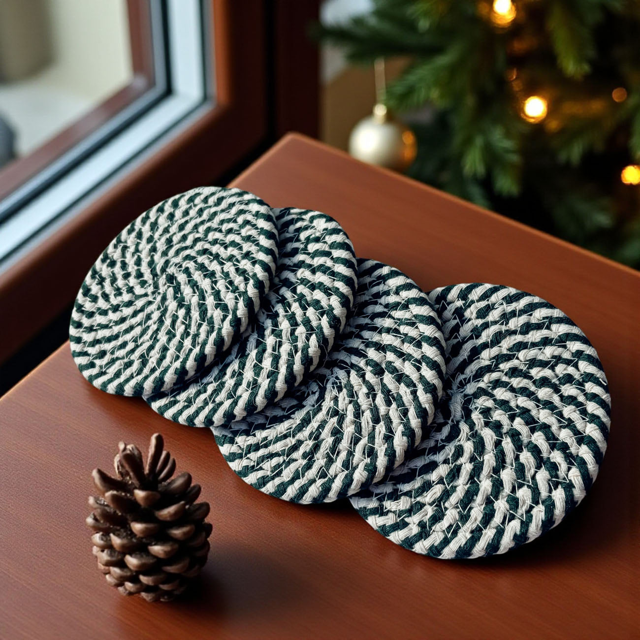 holiday drink coasters red and white cotton rope gift set
Christmas coffee bar decor candy cane stripe coasters