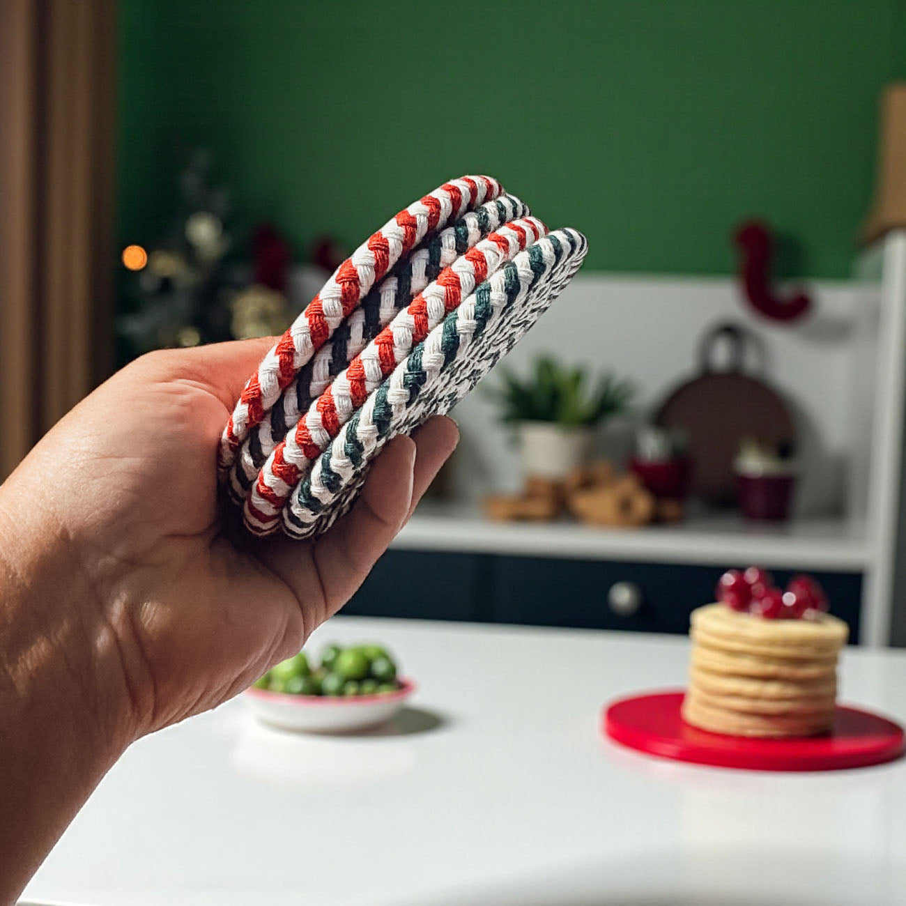 Christmas Eve candy cane coasters holiday entertaining accessories
Christmas morning candy cane coasters holiday gift braided rope