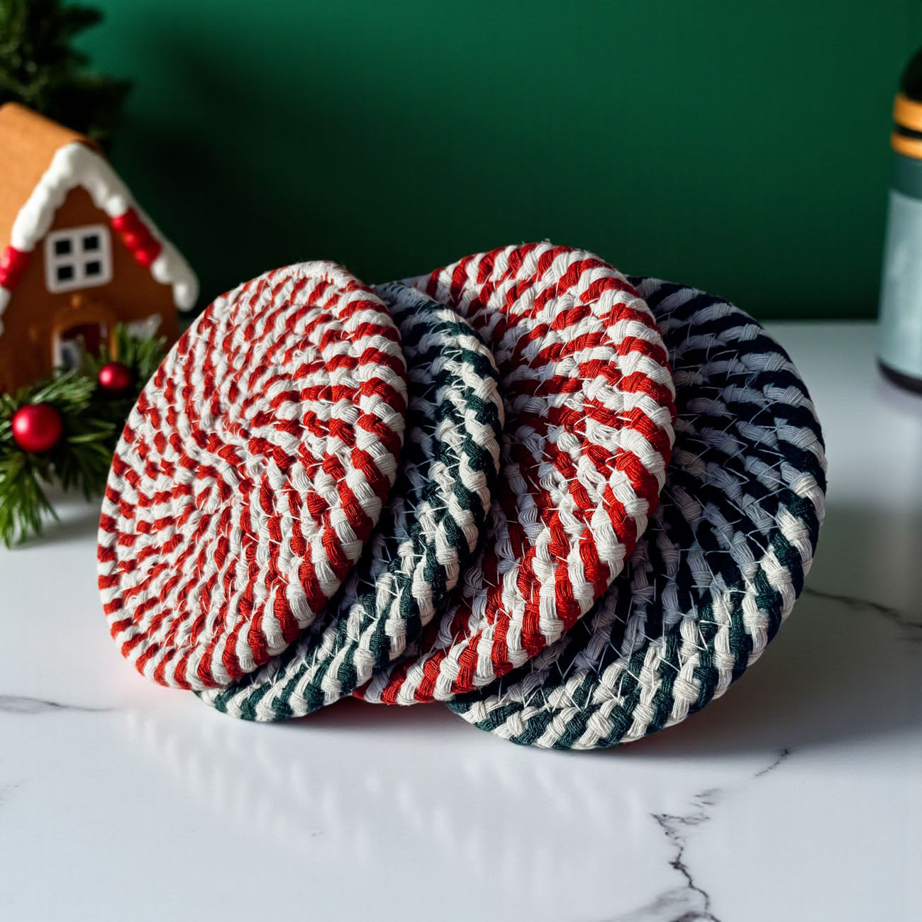 Christmas candy cane striped coasters holiday home accessories gift
Festive holiday coasters candy cane design Christmas entertaining
Christmas themed candy cane coasters holiday braided rope gift set