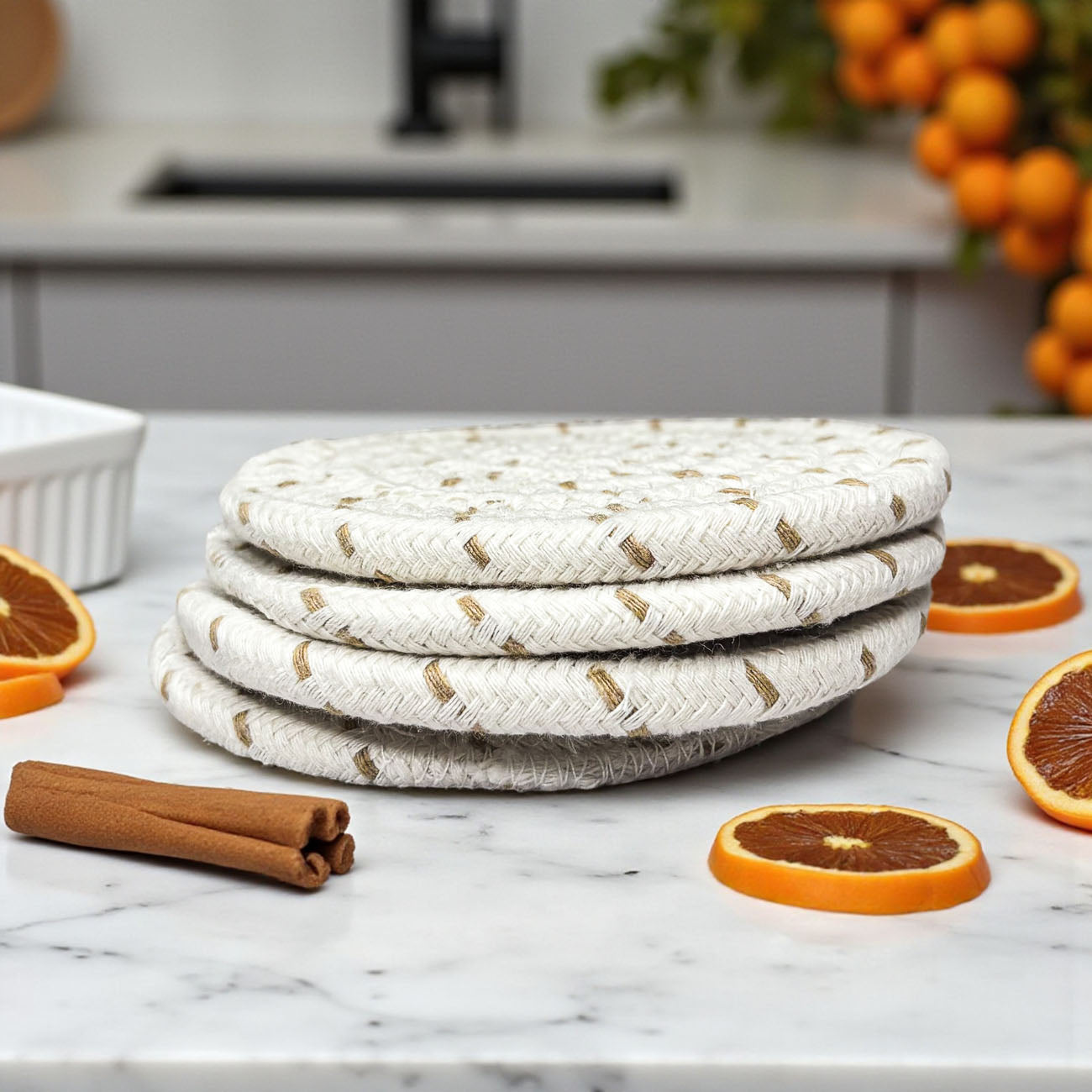 Eco-friendly braided rope coasters gift bundle neutral home decor accessories
Farmhouse style braided rope coasters fall gift set with packaging
minimalist kitchen accessory cotton coasters gift idea