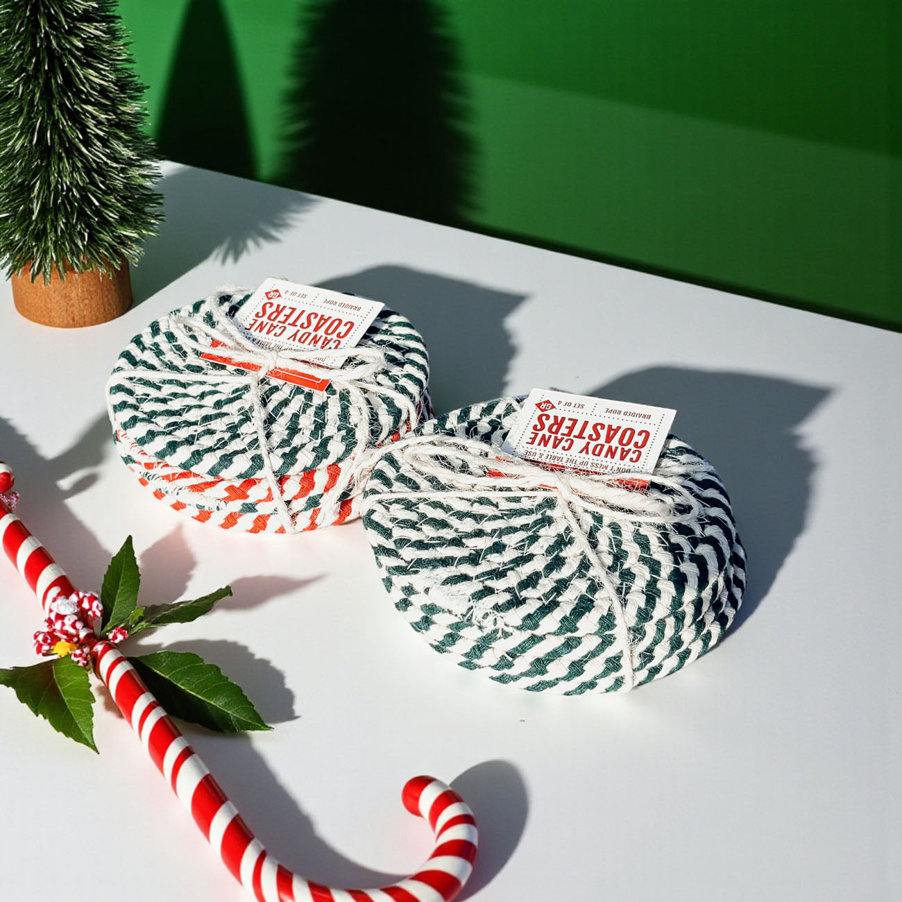 Farmhouse Christmas candy cane coasters holiday braided rope
Rustic holiday coasters candy cane design Christmas home decor
Traditional Christmas candy cane coasters holiday gift set