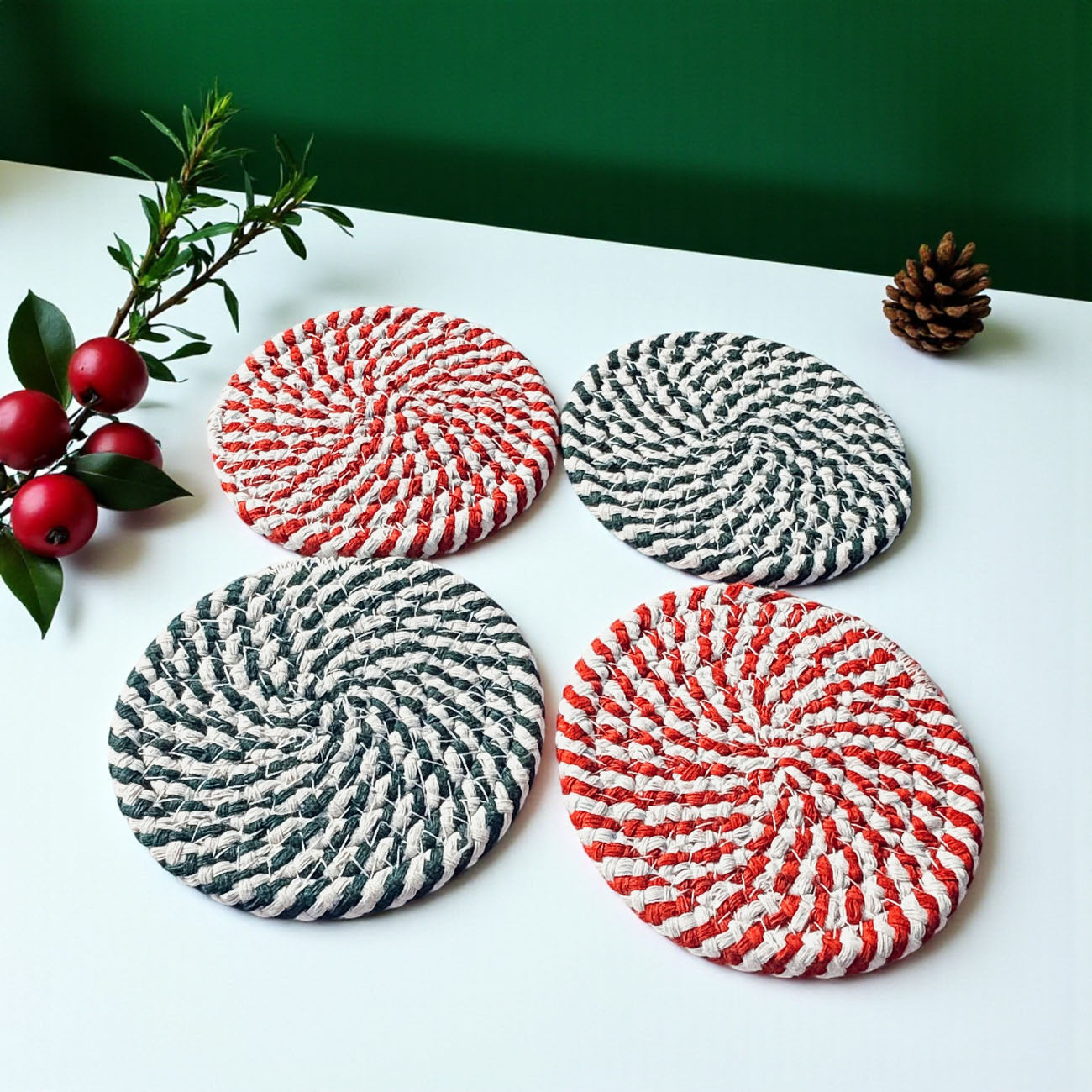 Holiday party gift candy cane coasters Christmas home accessories
Secret Santa gift candy cane coasters holiday braided rope