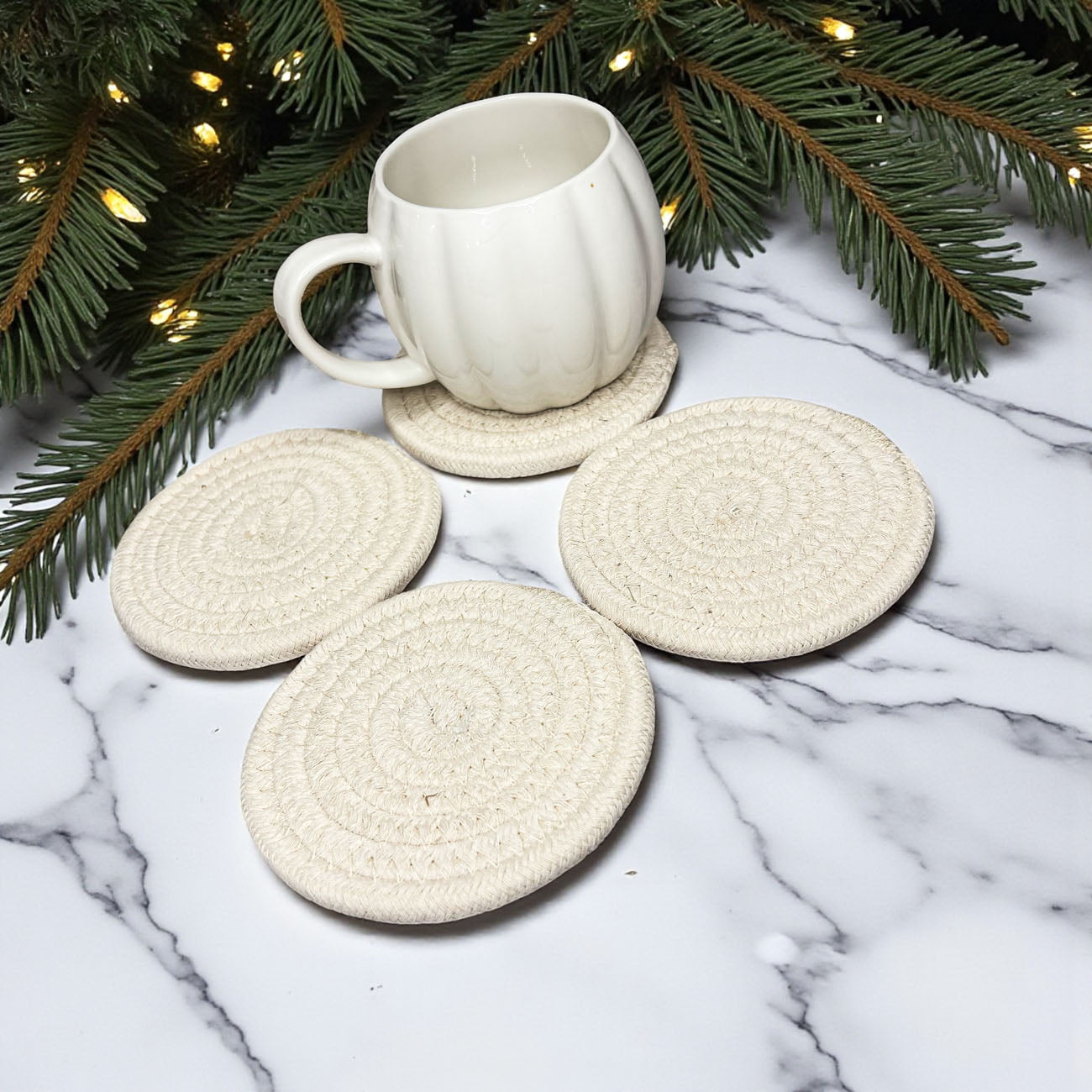 Wholesale cozy autumn coasters orange and brown tones with twine tag
fall farmhouse coasters cotton rope handmade gift set
braided coaster set for fall parties or seasonal entertaining