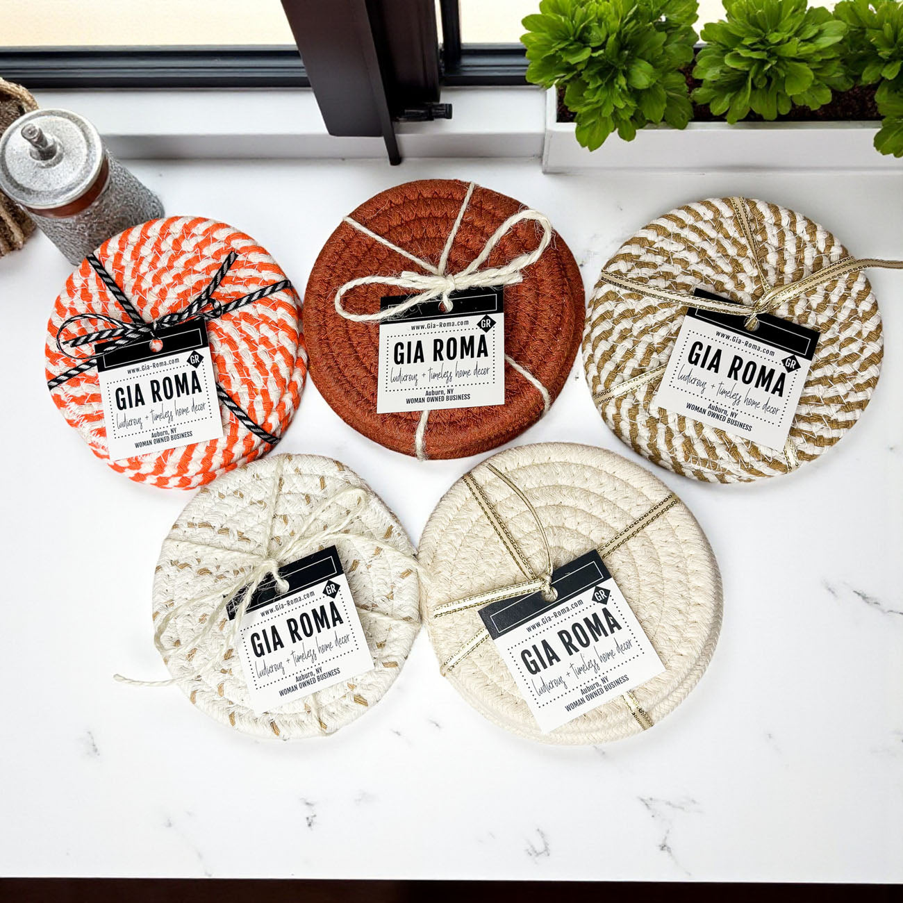 braided rope coasters set of 4 fall home decor gift with ribbon and tag
handmade fabric coasters in neutral and autumn colors perfect holiday gift