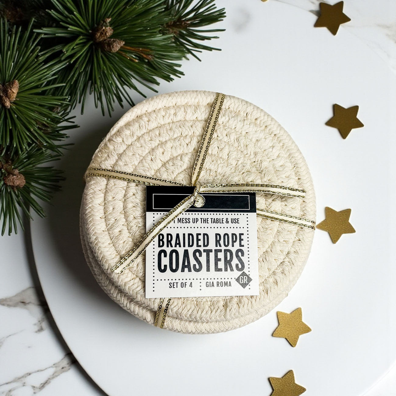 thoughtful housewarming gift neutral coaster set for everyday use
Braided rope coasters set of 4 fall colors gift set with ribbon and tag
boho style coaster set gift wrapped and ready to give