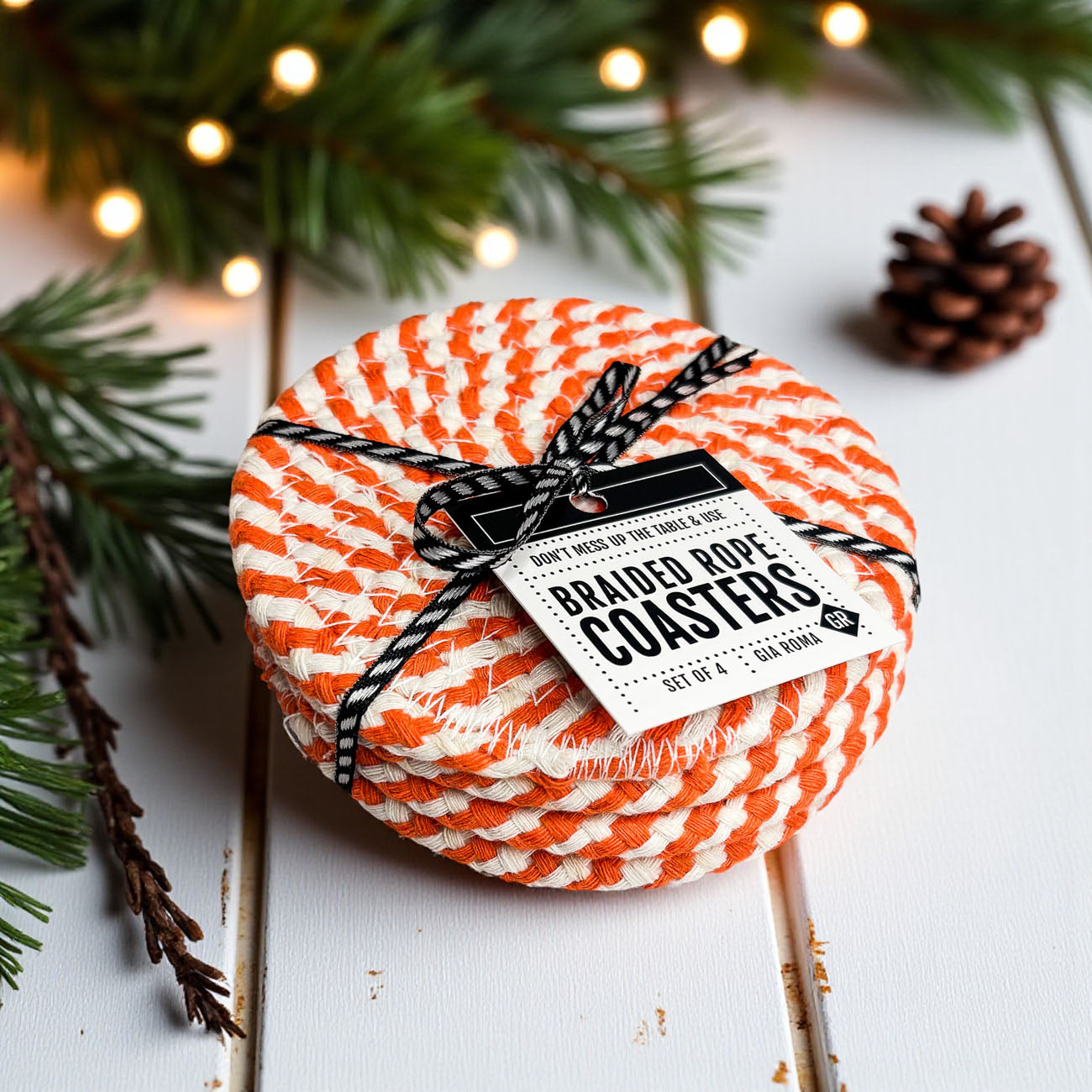 Autumn housewarming gift braided coasters neutral fall colors
Holiday entertaining braided rope coasters fall gift bundle