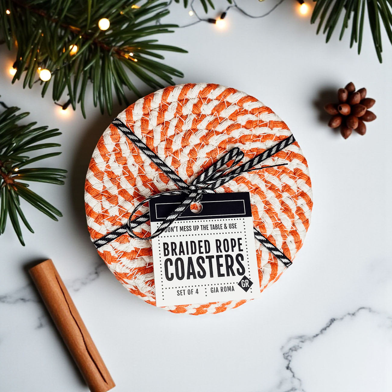 set of 4 coasters tied with ribbon ideal small business holiday gift
rustic fall coasters small gift under 20 dollars for teachers or friends
textured round drink coasters durable rope style