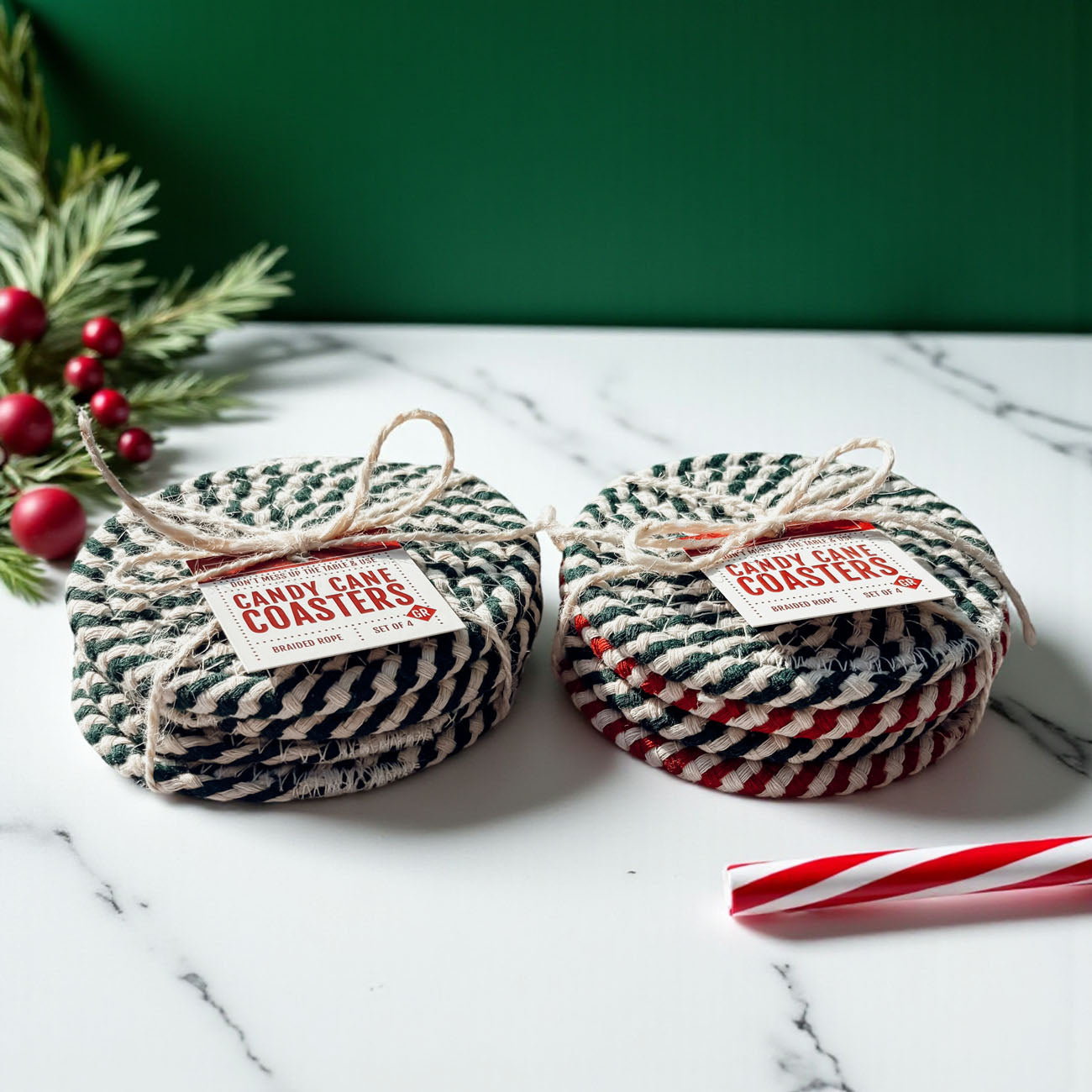 Christmas candy cane coasters for sale holiday home accessories
Order holiday coasters candy cane design Christmas gift set
Purchase Christmas candy cane coasters holiday braided rope