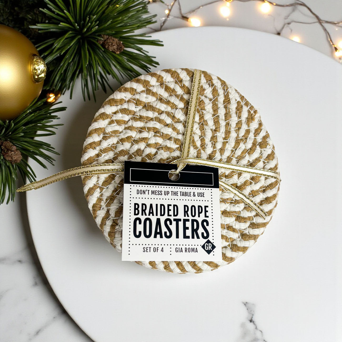 beige and white rope drink coasters natural neutral kitchen style
white cotton coasters with black and gold detail elegant farmhouse gift