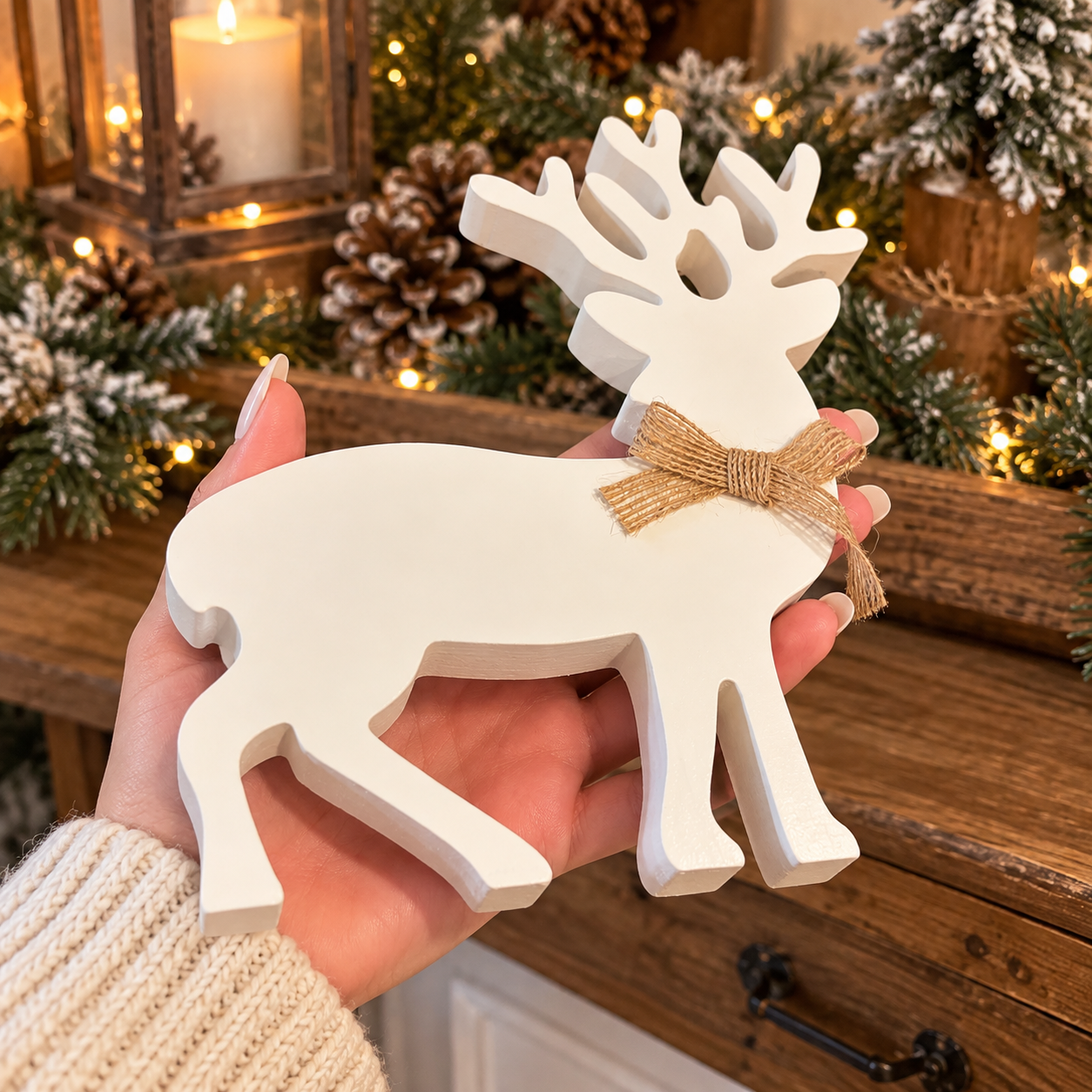 Decorative reindeer pair for Christmas displays
White Christmas deer figurines for shelves and mantels
Farmhouse wooden reindeer decoration set