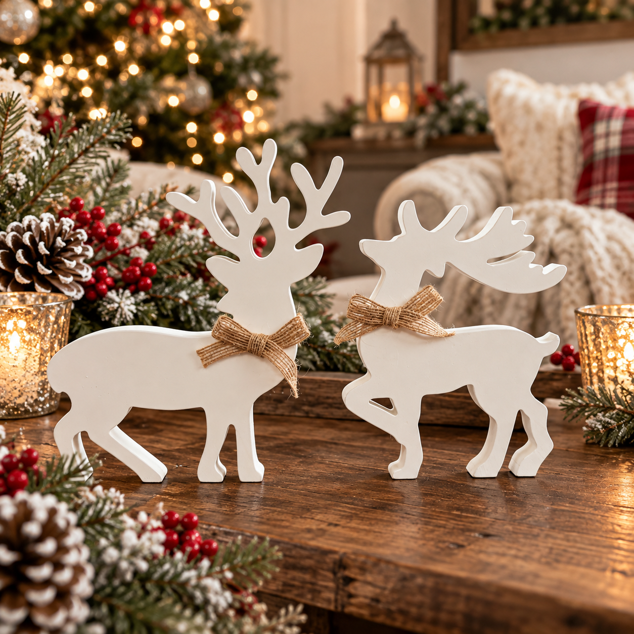 white wooden deer holiday decorations
farmhouse Christmas tabletop decorations
rustic white reindeer Christmas decorations
Christmas reindeer mantle decor