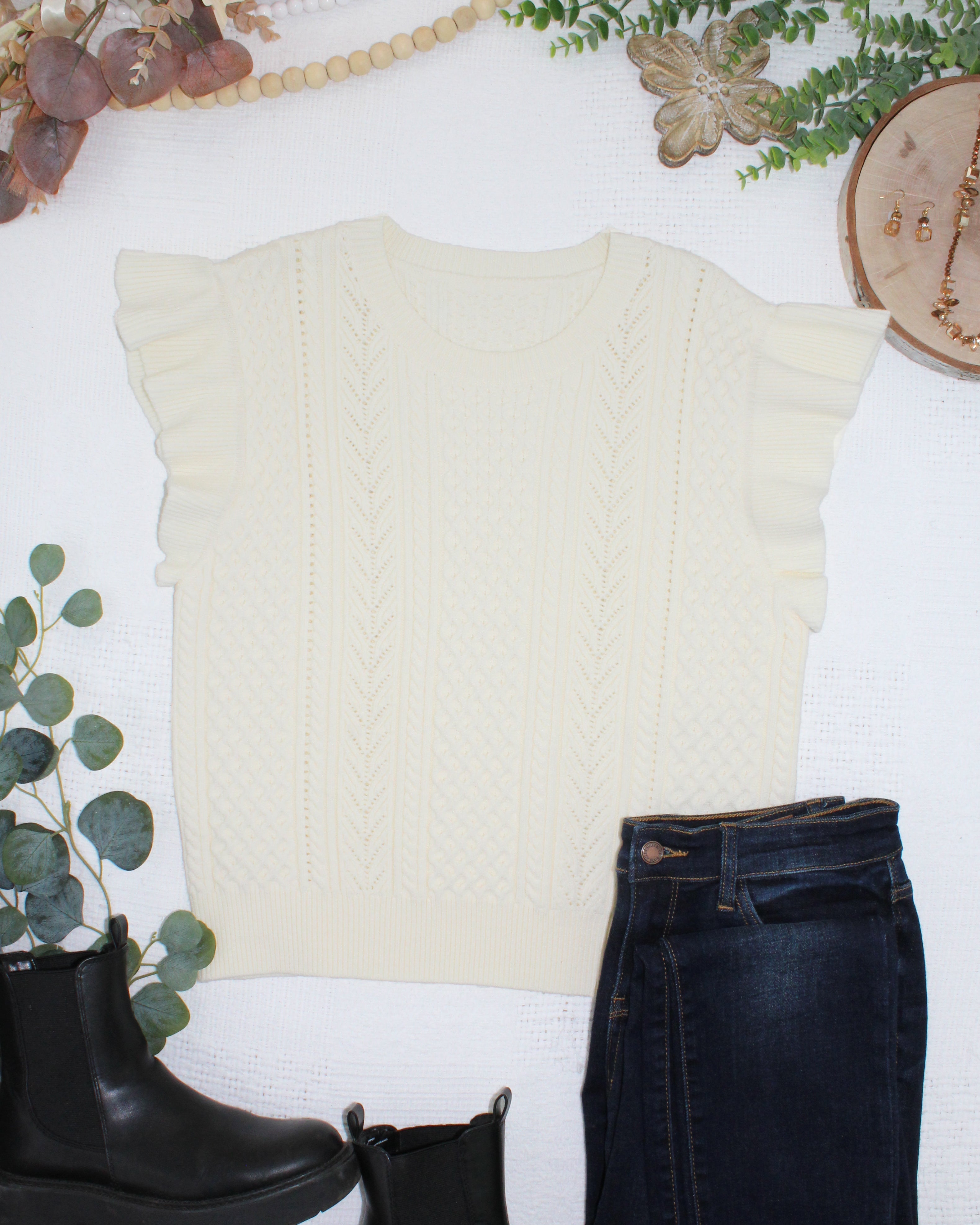 Felicity Flutter Sweater Top - Ivory
