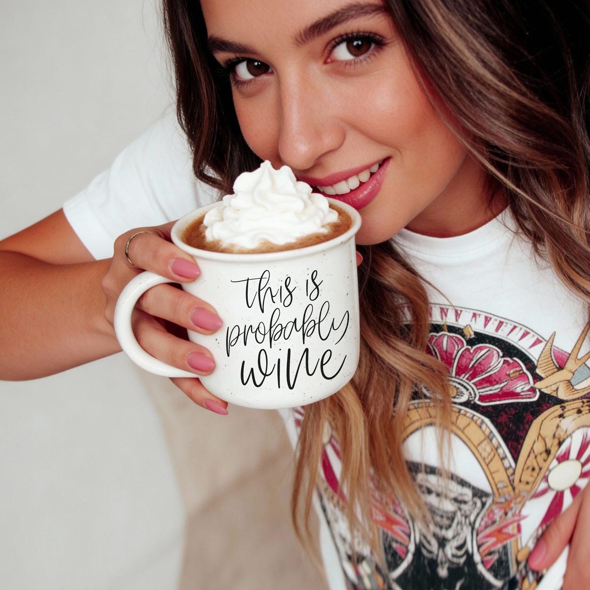 funny holiday gift mug for wine enthusiasts
this is probably wine mug for book club
sarcastic wine and coffee mug for teachers off duty
funny mug for Friday afternoon zoom calls
cheeky wine quote ceramic mug
lifestyle photo of woman with this is probably wine mug
cozy sweater and this is probably wine mug flatlay