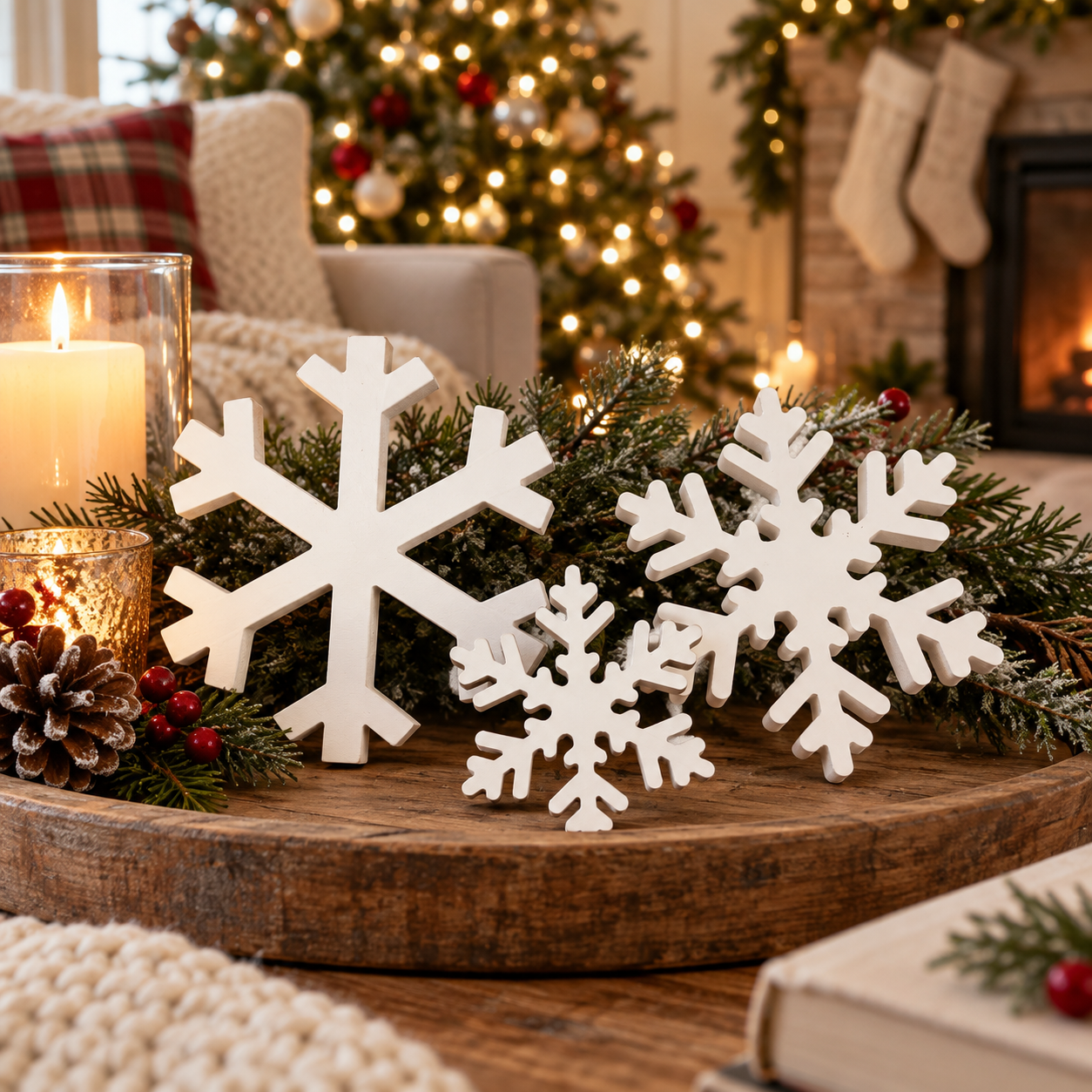 Christmas snowflake decor with greenery
wooden snowflakes with Christmas greenery
white snowflake decor with red berries
wooden snowflake Christmas decorations with pinecones