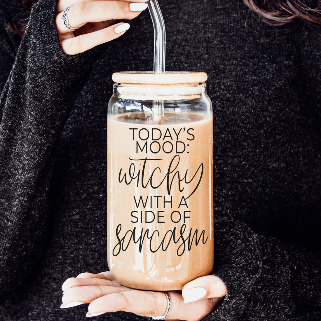 Witchy mood glass tumbler with sarcastic quote and bamboo lid