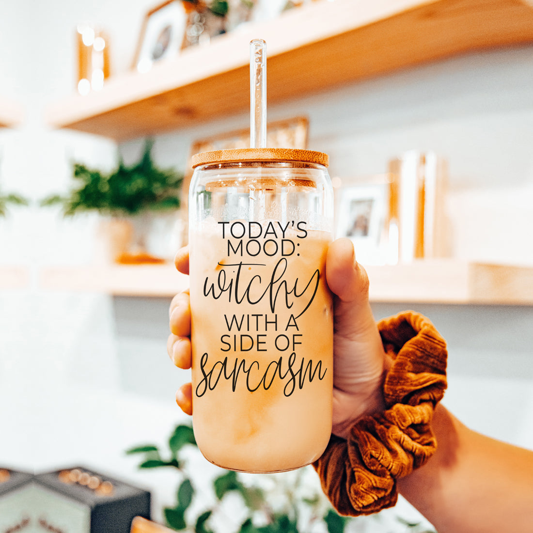 Witchy vibes glass tumbler with sarcastic quote
Halloween mood glass tumbler with bamboo top