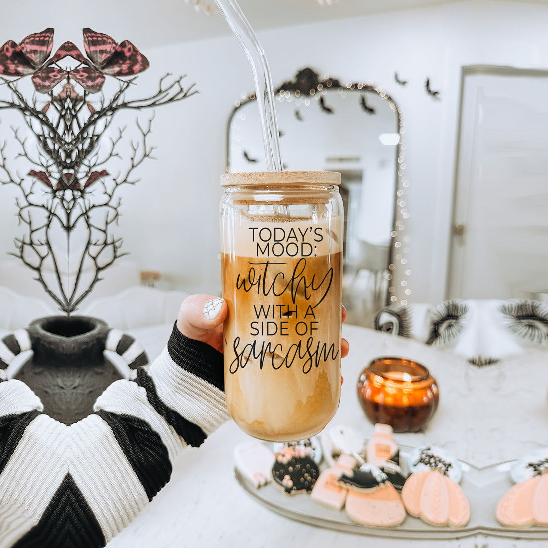 Witchy coffee lover glass tumbler set
Halloween gift glass tumbler for coffee lovers
