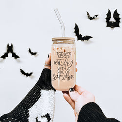 Sarcastic mood witch themed drink set
Glass coffee tumbler with witchy quote and bamboo lid"