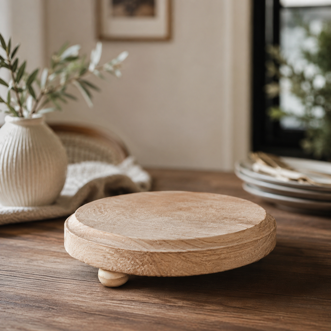 round wooden riser stand on kitchen counter
rustic distressed round wood pedestal tray
natural wood round tray stand with feet
farmhouse style wooden riser for candles
round wooden pedestal tray for kitchen decor
neutral wood centerpiece stand on marble countertop