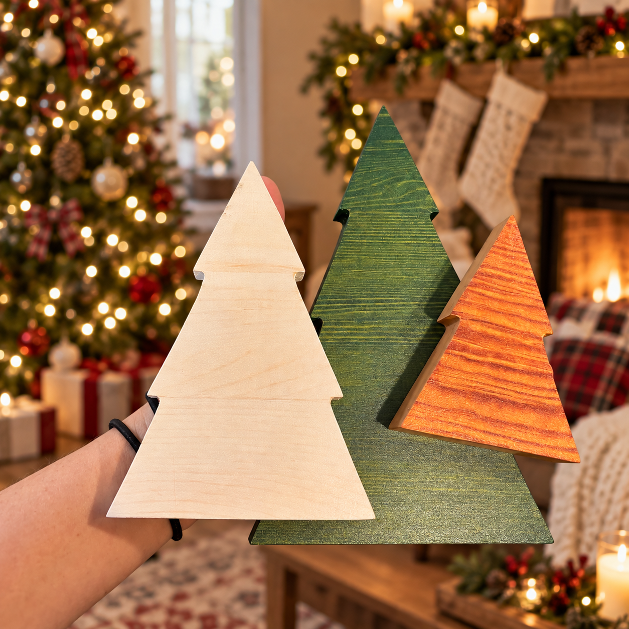 Hand painted rustic wooden spruce christmas trees. 
Neutral CHristmas decorations for coffee tables.
Neutral christmas tree decorations for tiered trays.
Christmas housewarming gift ideas
Cute christmas decoration gift ideas for her new house. 
White christmas tree decorations
wood christmas trees with polk a dots on them.
USA made christmas decorations for shelf styling. 