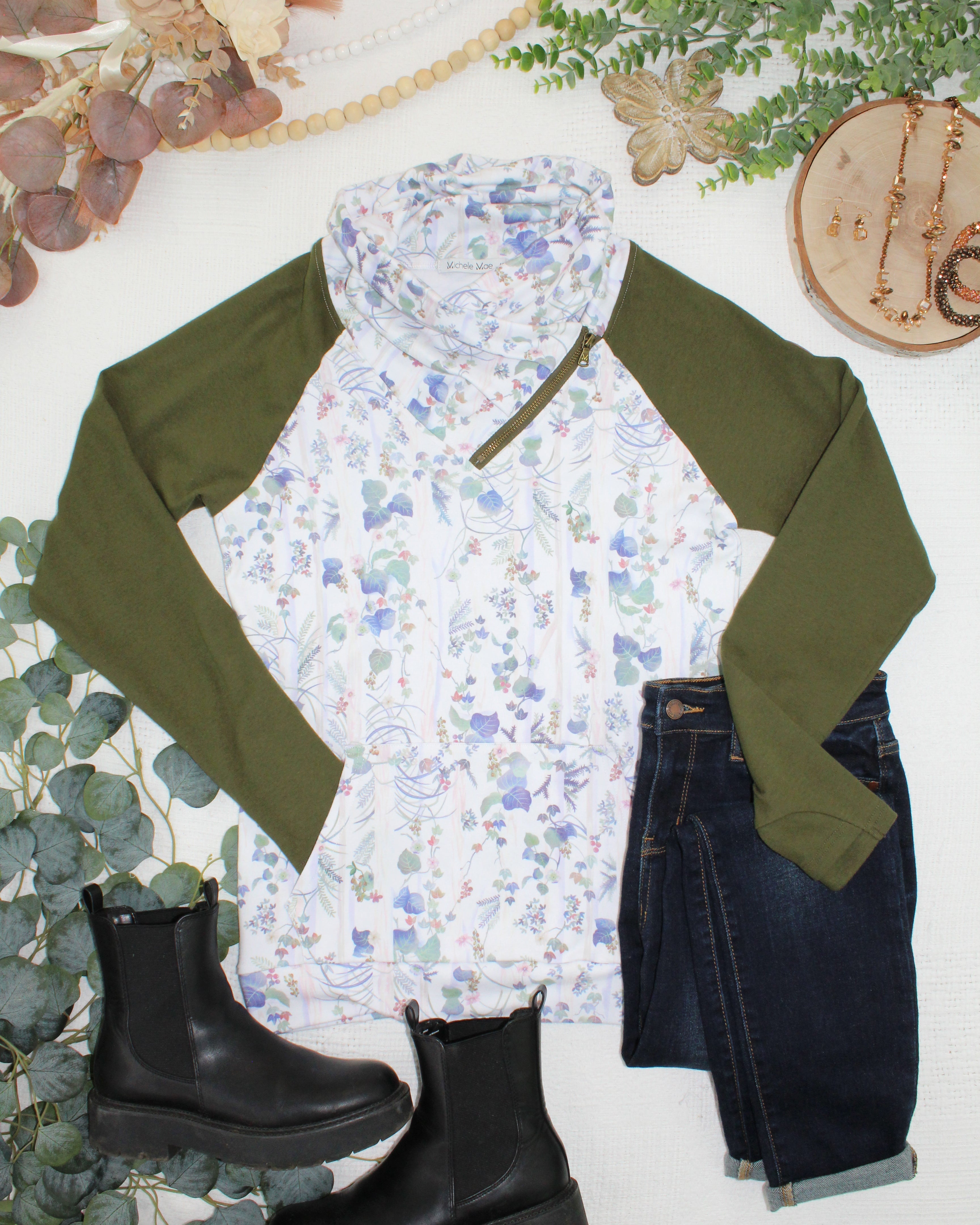 Classic Zoey ZipCowl Sweatshirt - Olive Meadow and Olive