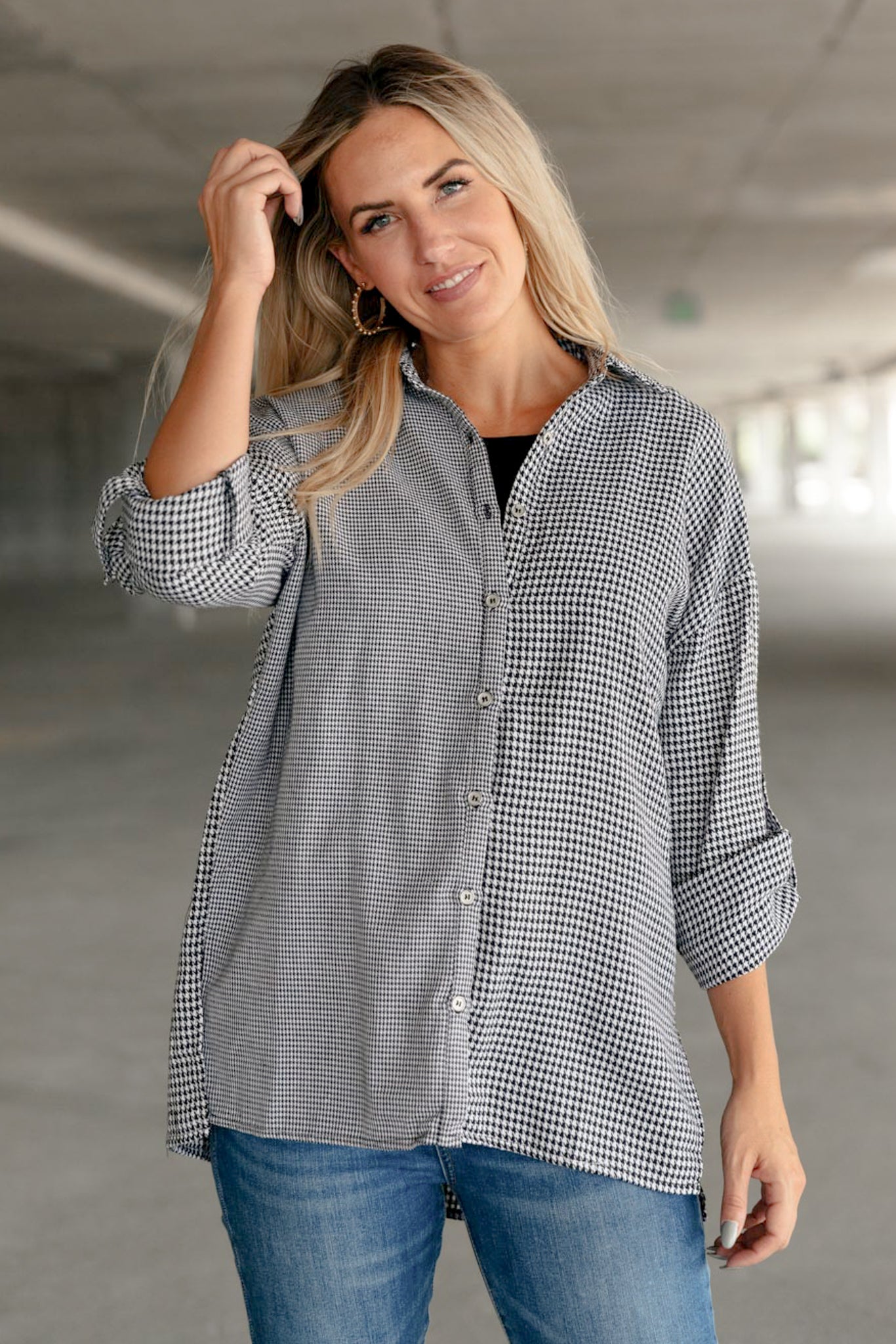 Mixed Houndstooth Button Up Top